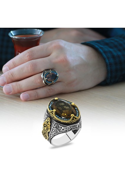 Faset Kesim Zultanit Taşlı Yanları Firuze Taş Mıhlamalı Gotik Süslemeli 925 Ayar Gümüş Erkek Yüzük fiyatları