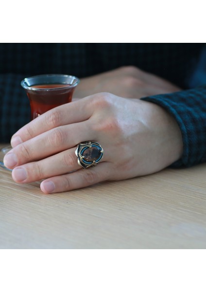 Faset Kesim Zultanit Taşlı Yanları Firuze Taş Mıhlamalı Gotik Süslemeli 925 Ayar Gümüş Erkek Yüzük modelleri