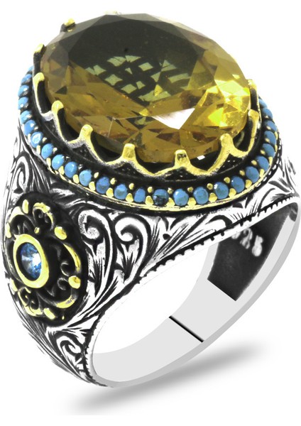 Faset Zultanit Taşlı Yanları Firuze Taş Mıhlamalı Kalem Işçilikli 925 Ayar Gümüş Erkek Yüzük