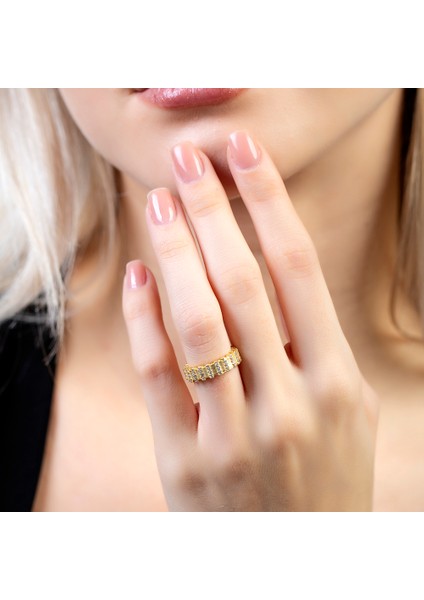 Sıralı Zirkon Taşlı Gold Renk Free Size Kişiye Özel Harf/isim Yazılı 925 Ayar Gümüş Kadın Yüzük