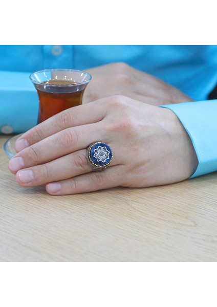 Sıkma Kehribar Üzerine Mühr-I Süleyman ve Duası Işlemeli 925 Ayar Gümüş Erkek Yüzük