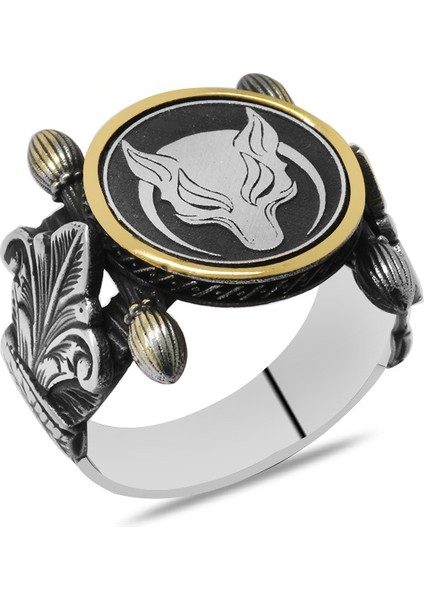 Otantik Tasarım Hilal Detaylı Bozkurt Motifli 925 Ayar Gümüş Erkek Yüzük