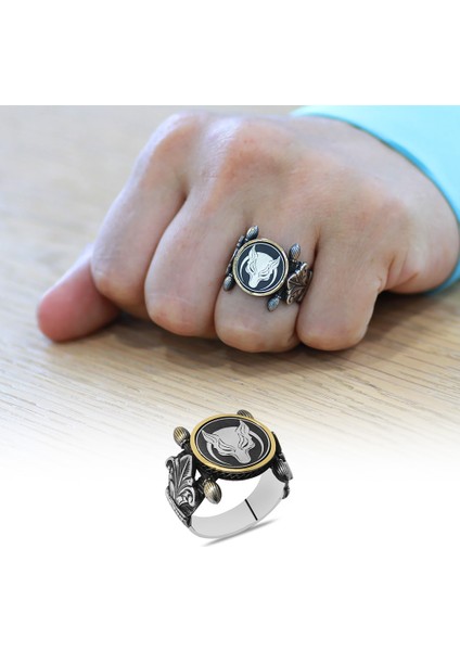 Otantik Tasarım Hilal Detaylı Bozkurt Motifli 925 Ayar Gümüş Erkek Yüzük fiyatları