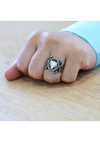 Otantik Tasarım Hilal Detaylı Bozkurt Motifli 925 Ayar Gümüş Erkek Yüzük modelleri
