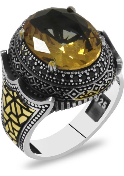 Faset Zultanit Taşlı Yanları Mikro Taş Mıhlamalı Labirent Detaylı 925 Ayar Gümüş Erkek Yüzük