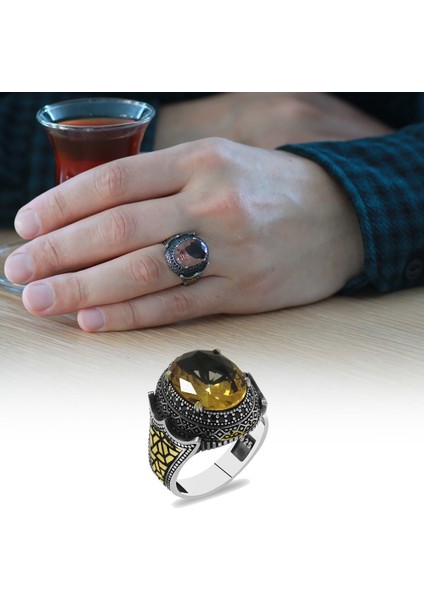 Faset Zultanit Taşlı Yanları Mikro Taş Mıhlamalı Labirent Detaylı 925 Ayar Gümüş Erkek Yüzük fiyatları