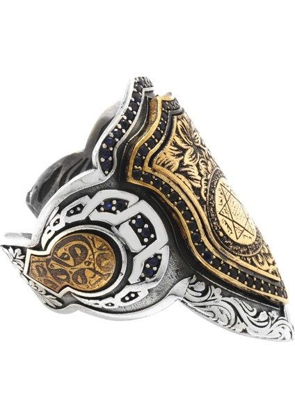 Siyah Zirkon Taş Mıhlamalı Mühr-I Süleyman Işlemeli Free Size 925 Ayar Gümüş Okçu (Zihgir) Yüzüğü modelleri