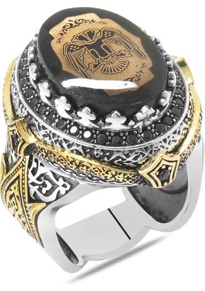 Siyah Sıkma Kehribar Taş Üzeri Kartal Desenli 925 Ayar Gümüş Erkek Yüzük