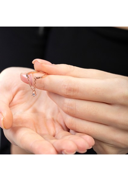 Zirkon Taşlı Zincirli Rose Renk 925 Ayar Gümüş Kadın Tektaş Yüzük fiyatları
