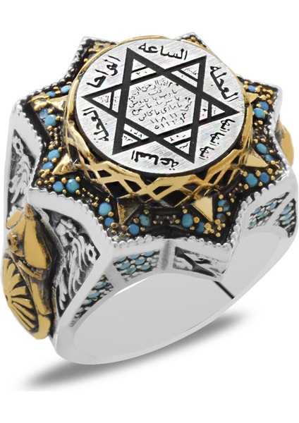 Mühr-I Süleyman Işlemeli Mikro Turkuaz Taş Süslemeli Yıldız Tasarım 925 Ayar Gümüş Erkek Yüzük
