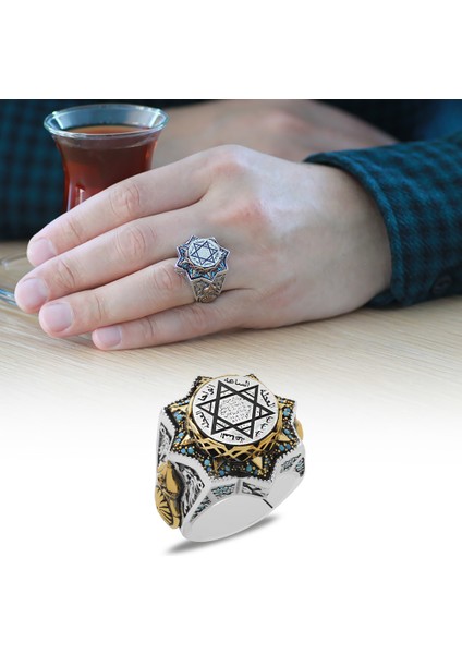 Mühr-I Süleyman Işlemeli Mikro Turkuaz Taş Süslemeli Yıldız Tasarım 925 Ayar Gümüş Erkek Yüzük fiyatları