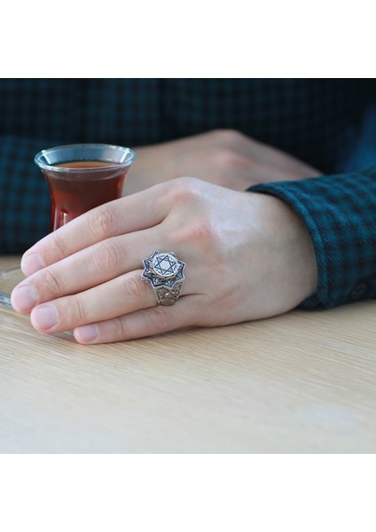 Mühr-I Süleyman Işlemeli Mikro Turkuaz Taş Süslemeli Yıldız Tasarım 925 Ayar Gümüş Erkek Yüzük modelleri