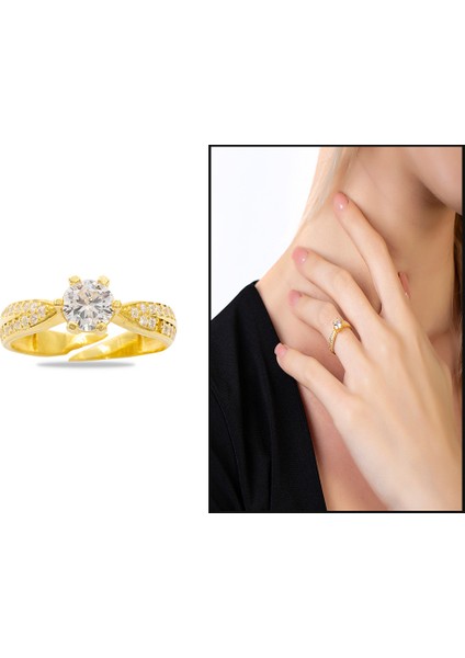 Mikro Zirkon Taş Süslemeli Gold Renk Free Size 925 Ayar Gümüş Kadın Tektaş Yüzük fiyatları