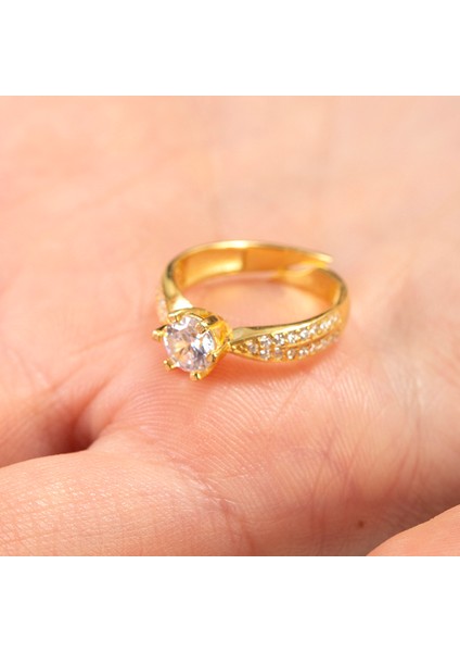 Mikro Zirkon Taş Süslemeli Gold Renk Free Size 925 Ayar Gümüş Kadın Tektaş Yüzük modelleri