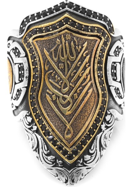 Siyah Zirkon Taşlı Mıhlamalı Arapça Allah Yazılı 925 Ayar Gümüş Erkek Okçu (Zihgir) Yüzüğü