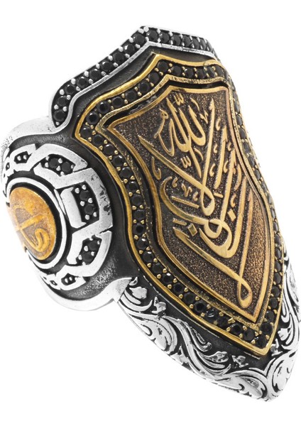 Siyah Zirkon Taşlı Mıhlamalı Arapça Allah Yazılı 925 Ayar Gümüş Erkek Okçu (Zihgir) Yüzüğü modelleri