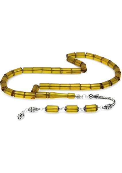 925 Ayar Gümüş Püsküllü Kesme Kesim Sarı Ateş Kehribar Tesbih