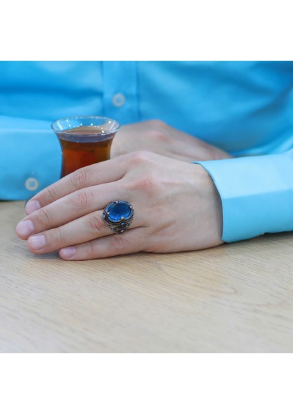 Faset Turkuaz Zirkon Taşlı Kral Tacı Tasarım 925 Ayar Gümüş Erkek Yüzük modelleri