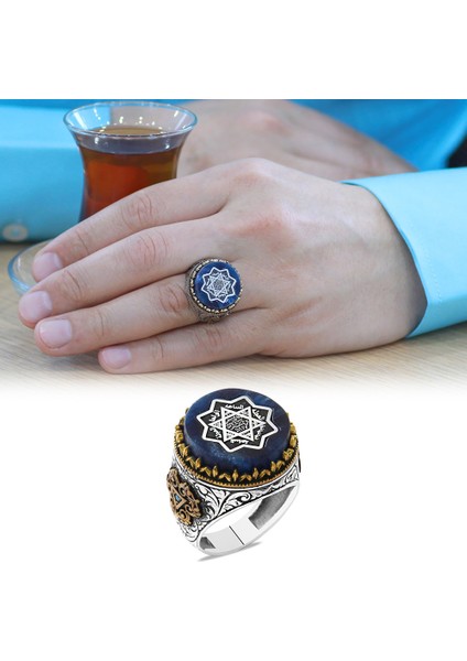 Sıkma Kehribar Üzerine Mühr-I Süleyman ve Duası Işlemeli 925 Ayar Gümüş Erkek Yüzük fiyatları