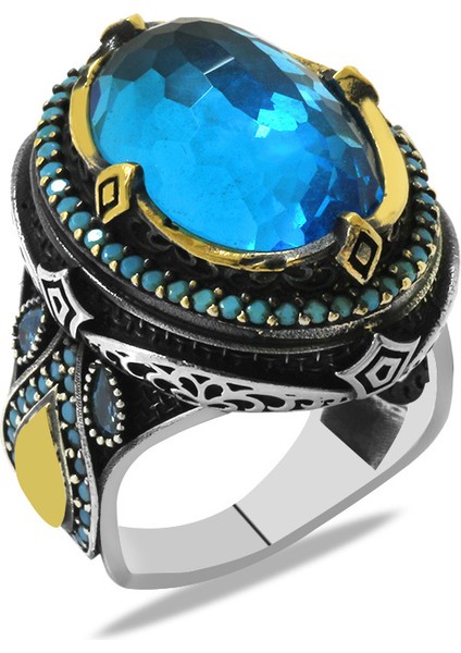 Faset Aqua Zirkon Taşlı Kral Tacı Tasarım Kişiye Özel Isim/harf Yazılı 925 Ayar Gümüş Erkek Yüzük