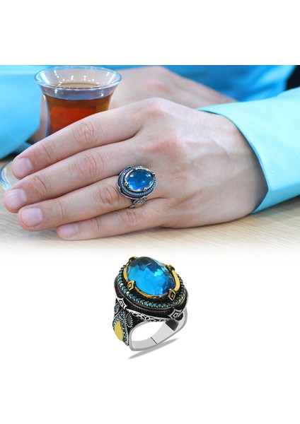 Faset Aqua Zirkon Taşlı Kral Tacı Tasarım Kişiye Özel Isim/harf Yazılı 925 Ayar Gümüş Erkek Yüzük fiyatları