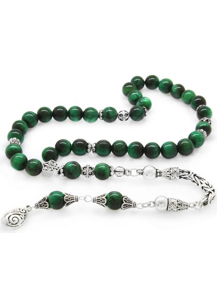 Koleksiyonluk 925 Ayar Gümüş Püsküllü Küre Kesim Yeşil Kaplangözü Doğaltaş Tesbih