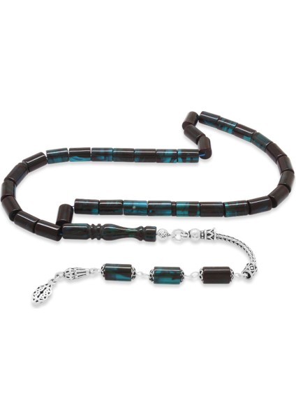 925 Ayar Gümüş Püsküllü Kesme Kesim Turkuaz-Siyah Ateş Kehribar Tesbih