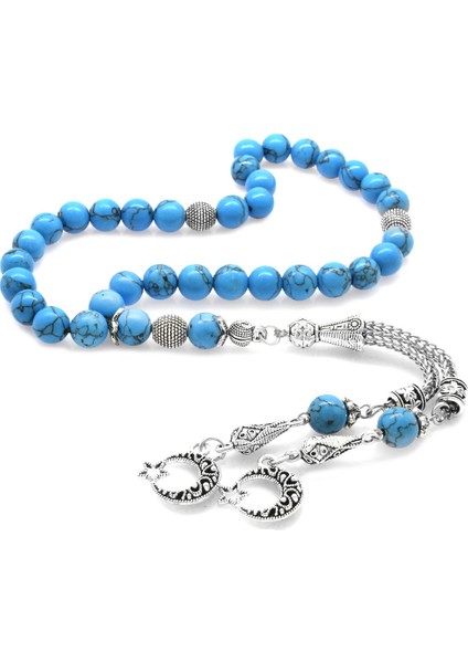 Kararmaz Metal Ayyıldız Püsküllü Küre Kesim Firuze-Turkuaz Doğaltaş Tesbih