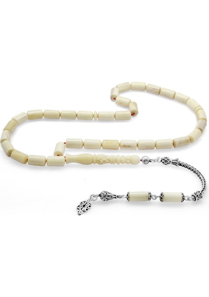 925 Ayar Gümüş Püsküllü Kapsül Kesim Imamesi Işçilikli Naturel Renk Deve Kemiği Tesbih