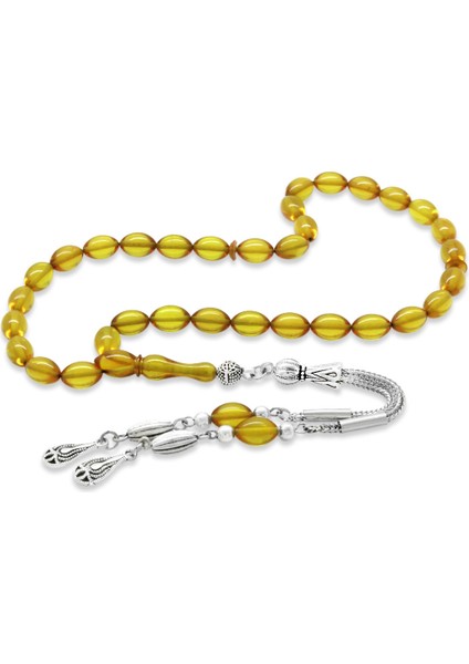 Kararmaz Metal Su Damlası Püsküllü Arpa Kesim Bilek Boy Sarı Ateş Kehribar Tesbih