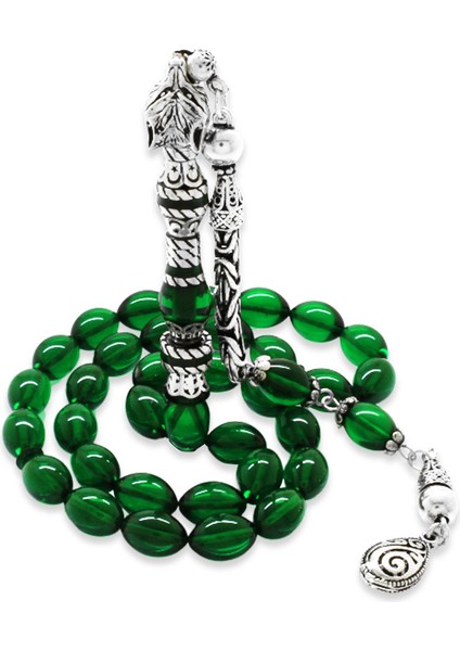 925 Ayar Gümüş Kral Püsküllü Nakkaş Imameli Kurt Başı Tasarım Yeşil Ateş Kehribar Tesbih fiyatları