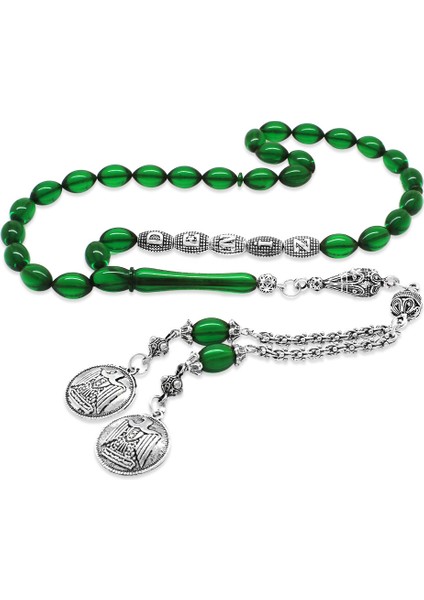 Kararmaz Metal Püsküllü Kişiye Özel Isim Yazılı Yeşil Ateş Kehribar Tesbih