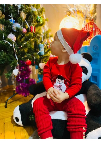 Christmas Noel Yeni Yıl Yılbaşı Ponponlu Noel Baba Şapkalı My First Christmas Kardan Adam Baskılı Bebek Body ve Şapka