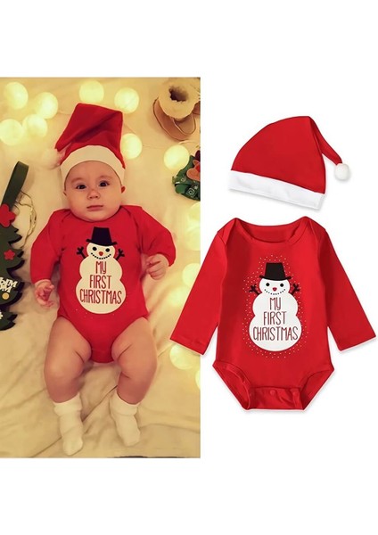 Christmas Noel Yeni Yıl Yılbaşı Ponponlu Noel Baba Şapkalı My First Christmas Kardan Adam Baskılı Bebek Body ve Şapka fiyatları