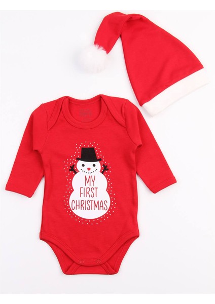 Christmas Noel Yeni Yıl Yılbaşı Ponponlu Noel Baba Şapkalı My First Christmas Kardan Adam Baskılı Bebek Body ve Şapka fırsatları