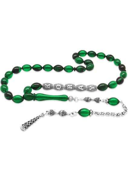 Kararmaz Metal Püsküllü Kişiye Özel Isim Yazılı Yeşil-Siyah Ateş Kehribar Tesbih