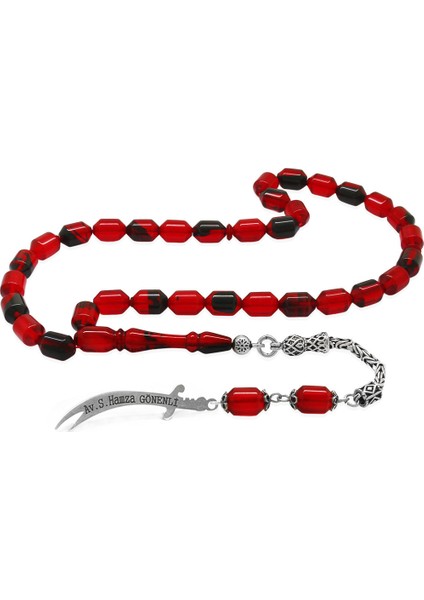 925 Ayar Gümüş Kral Püsküllü Uçlu Kapsül Kesim Kırmızı-Siyah Ateş Kehribar Tesbih