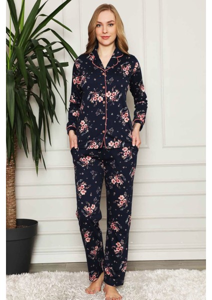 Lacivert Çiçek Desenli Önden Düğmeli Gömlek Yaka Uzun Kollu Kadın Pijama Takımı EDY2579UK-L modelleri
