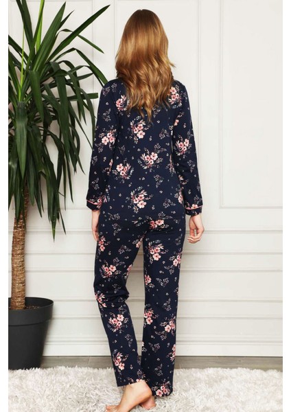 Lacivert Çiçek Desenli Önden Düğmeli Gömlek Yaka Uzun Kollu Kadın Pijama Takımı EDY2579UK-L fırsatları
