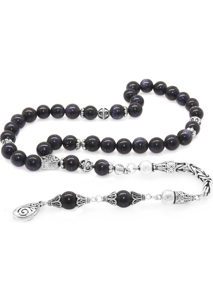 Koleksiyonluk 925 Ayar Gümüş Püsküllü Küre Kesim Mavi Yıldız Taşı Doğaltaş Tesbih