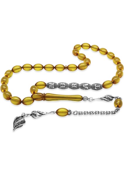 Kararmaz Metal Püsküllü Kişiye Özel Isim Yazılı Şeffaf Sarı Ateş Kehribar Tesbih