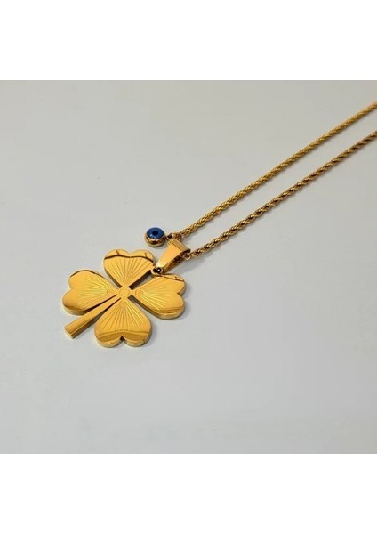 Gold Renk Burma Zincirli Nazar Boncuğu Detaylı Yonca Yaprağı Tasarım Çelik Kadın Kolye indirimleri