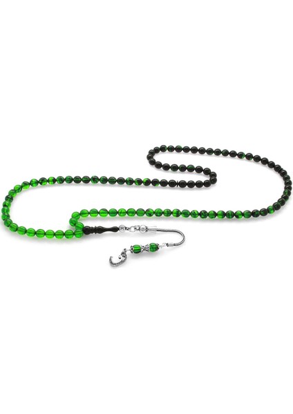 925 Ayar Gümüş Püsküllü Küre Kesim Süzme Yeşil-Siyah Ateş Kehribar 99LUK Tesbih