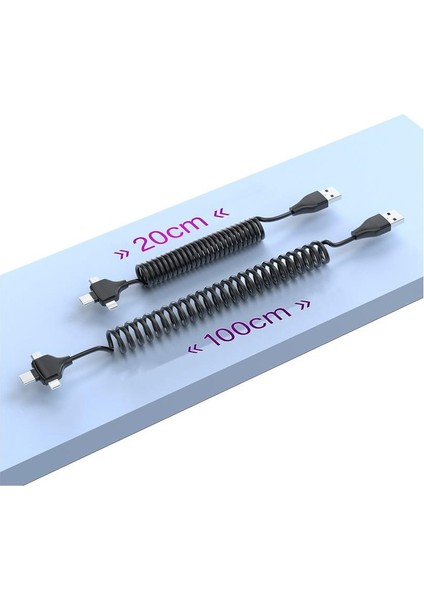 Sanec Spiral Tasarımlı Micro, Type-C ve Lightning To USB 3'ü 1 Arada Şarj Kablosu 1 Metre - Oto Şarj Kablosu