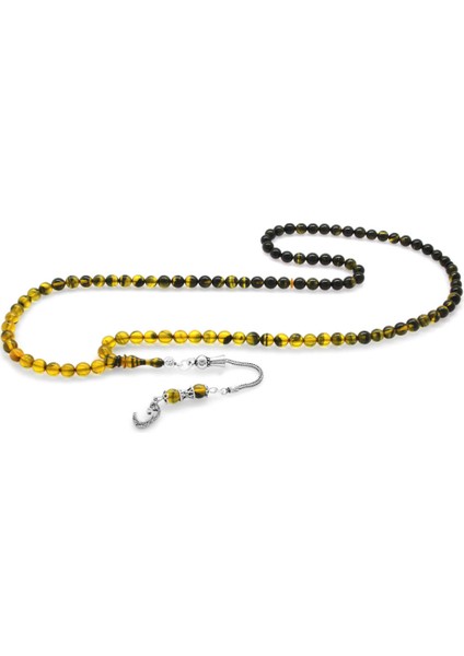 925 Ayar Gümüş Püsküllü Küre Kesim Süzme Sarı-Siyah Ateş Kehribar 99LUK Tesbih