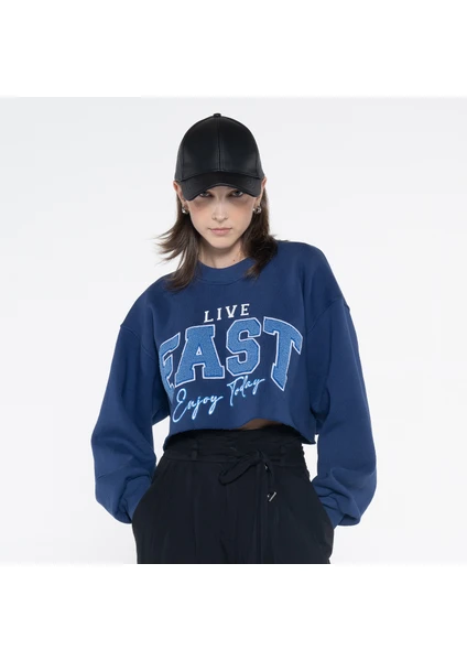 Friday Offset Fast Kadın Lacivert Bisiklet Yaka Ekstra Oversize Crop Sweatshirt - Şardonlu 3 Iplik