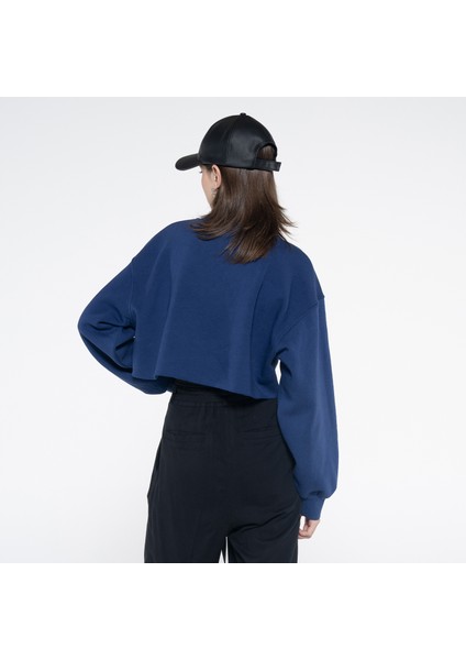 Friday Offset Fast Kadın Lacivert Bisiklet Yaka Ekstra Oversize Crop Sweatshirt - Şardonlu 3 Iplik