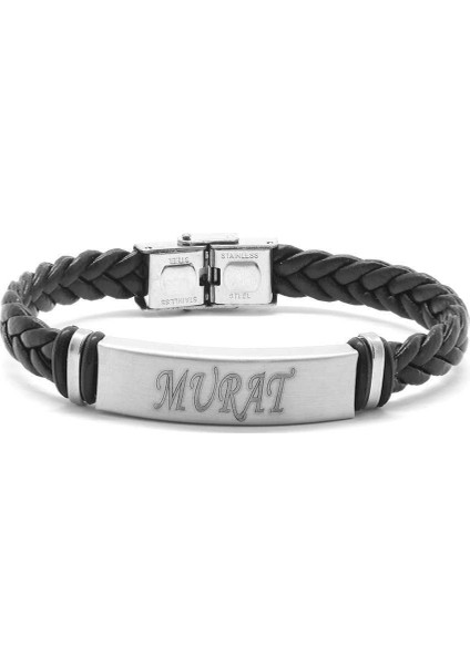 Kişiye Özel Isim Yazılı Çelik-Deri Bileklik (Model-2)