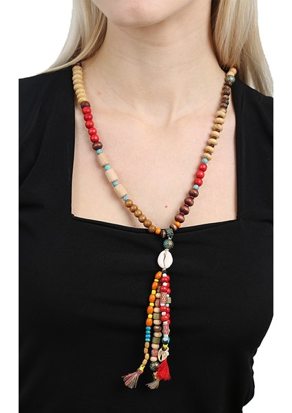 El Yapımı Etnik Ahşap Kombinli Kırmızı Renk Geçişli Deniz Kabuğu Detaylı Otantik Kolye fırsatları