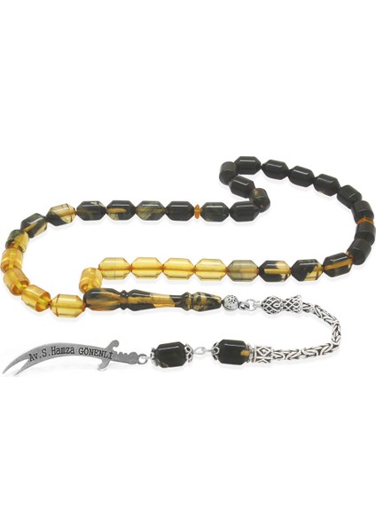 925 Ayar Gümüş Kral Püsküllü Uçlu Kapsül Kesim Süzme Siyah-Beyaz Ateş Kehribar Tesbih